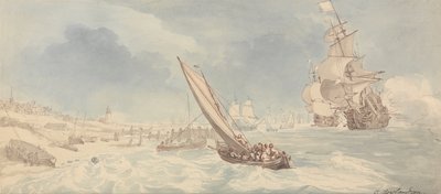 Men-of-War and Sailing Boats Near a Shore by Thomas Rowlandson